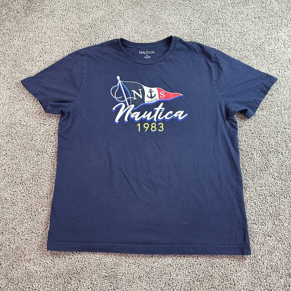 Nautica Shirt Mens Extra Large Blue White Sailing Pennant 1983 Flag Casual - Picture 1 of 8